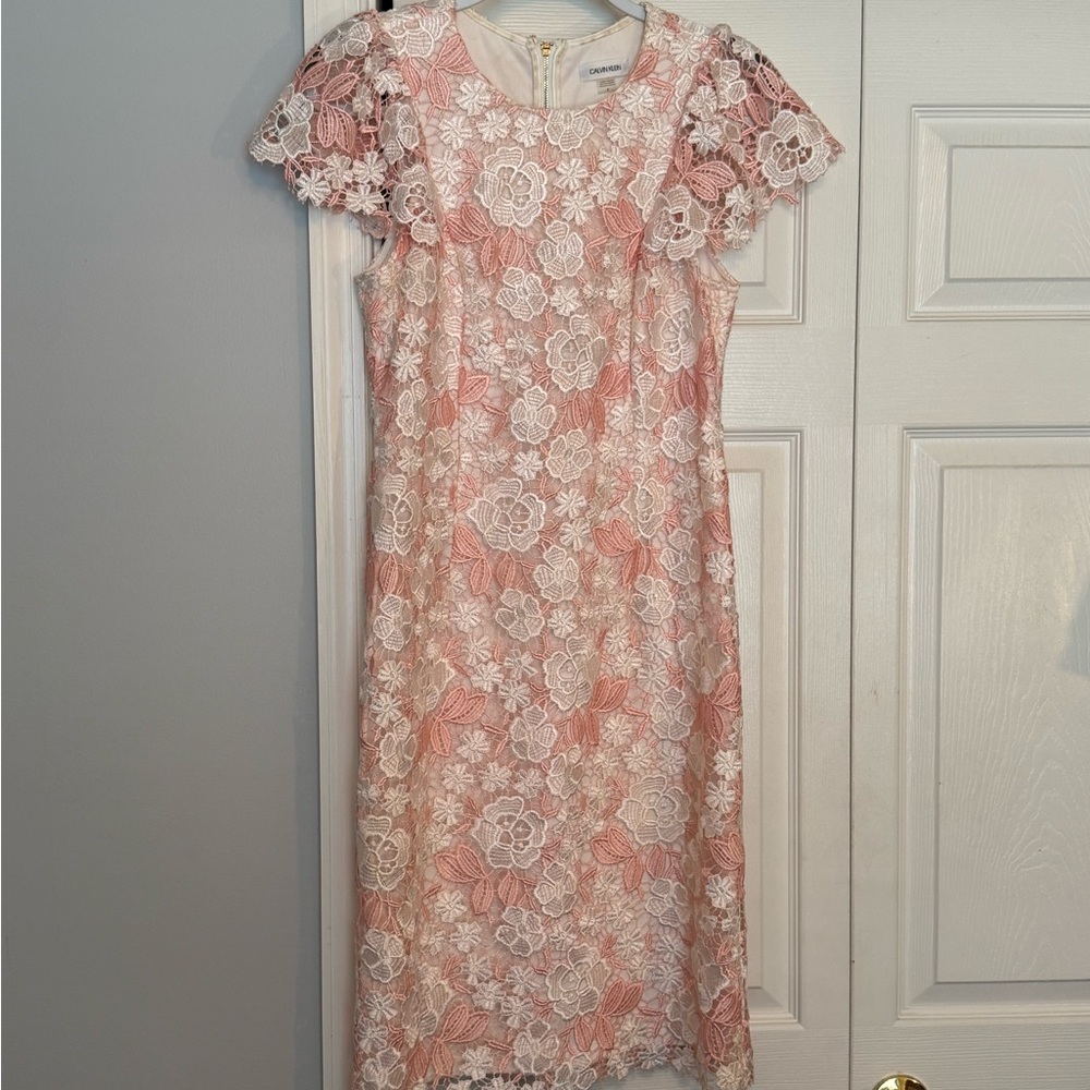 Calvin Klein Orange Sheath Dress with Scoop Neck and Flutter Cap Sleeves